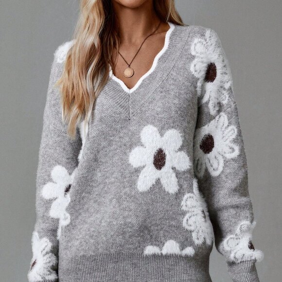 Grey Casual Women's Floral Pattern Easter Family Sweater - Picture 5 of 5